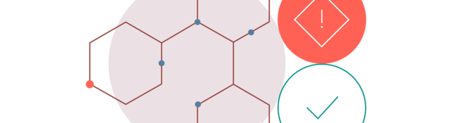 Illustration of a chemical structure next to a warning symbol and a checkmark
